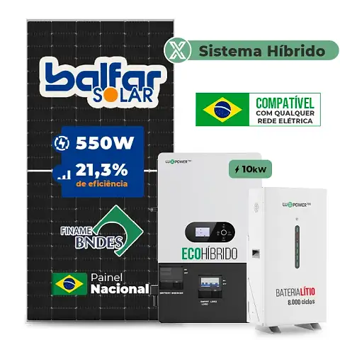 Gerador de Energia Solar Hibrido Luxpower com Bateria Telhado Fibro Parafuso Madeira SGF 15,4KWP FINAME 550W ECO HIBRIDO 10KW 220V DC48V BAT. LITIO 14,3kWh