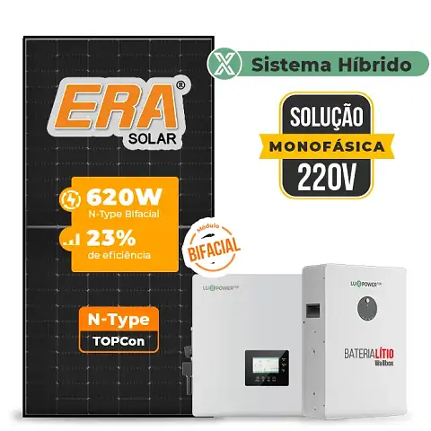 Gerador de Energia Solar Off Grid Interativo Luxpower Telhado Fibro Parafuso Metal SGF 17,36KWP ERA BLACK 620W GEN-LB-EU 10KW AC 220 MONO DC48V BAT. LITIO 15,36kWh