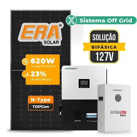 Gerador de Energia Solar Off Grid Interativo Luxpower Telhado Metálico Mini Trilho SGF 8,68KWP ERA 620W SNA-BR 5KW AC 127 BIFASICO DC48V BAT. LITIO 5,12kWh