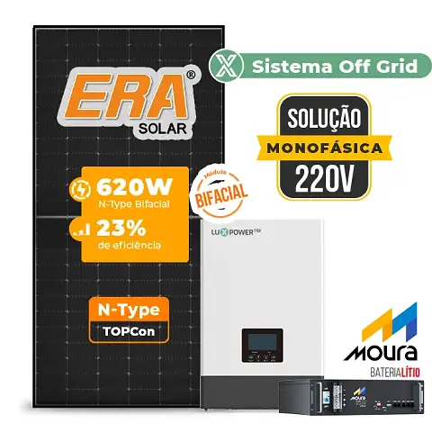 Gerador de Energia Solar Off Grid Interativo Luxpower Telhado Fibro Parafuso Metal SGF 7,44KWP ERA BLACK 620W WPV 5KW AC 220 MONO DC48V BAT. LITIO 4,8kWh