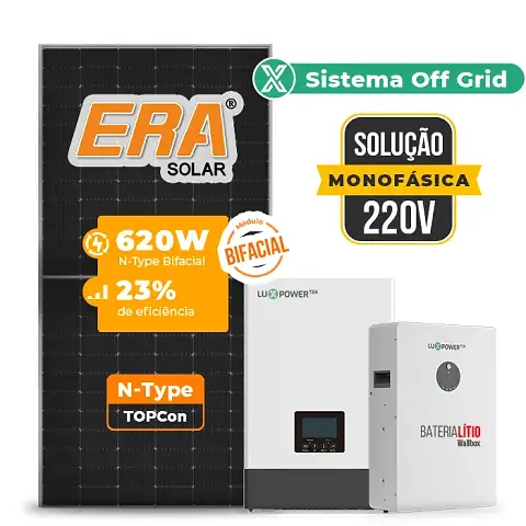 Gerador de Energia Solar Off Grid Interativo Luxpower Telhado Fibro Parafuso Metal SGF 9,92KWP ERA BIF 620W WPV 5KW AC 220 MONO DC48V BAT. LITIO 5,12kWh