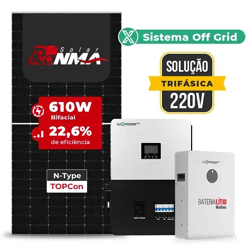 Gerador de Energia Solar Off Grid Interativo Luxpower Telhado Metálico Mini Trilho SGF 19,52KWP RONMA 610W SNA-BR 5KW AC TRIF. 220V DC48V BAT. LITIO 15,36kWh