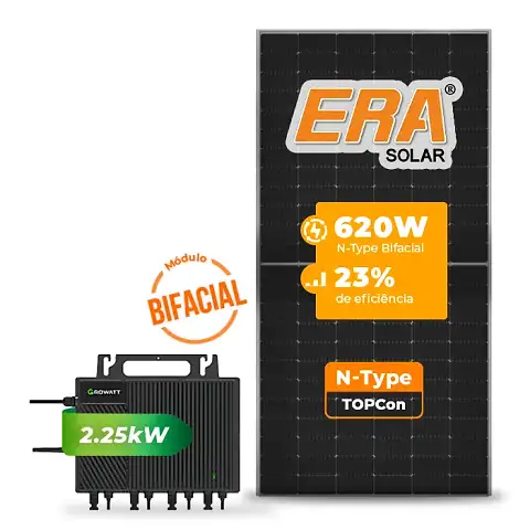 Gerador de Energia Solar Microinversor Growatt Telhado Fibro Parafuso Metal SGF 12,40KWP ERA BIFACIAL 620W NEO 2.25KW 4MPPT MONO 220V
