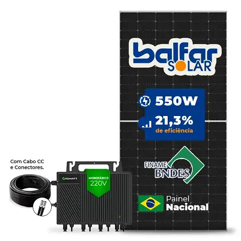 Gerador de Energia Solar Microinversor Growatt Telhado Metálico Mini Trilho SGF 6,6KWP BALFAR FINAME 550W NEO 2KW 4MPPT MONO 220V COM CABO