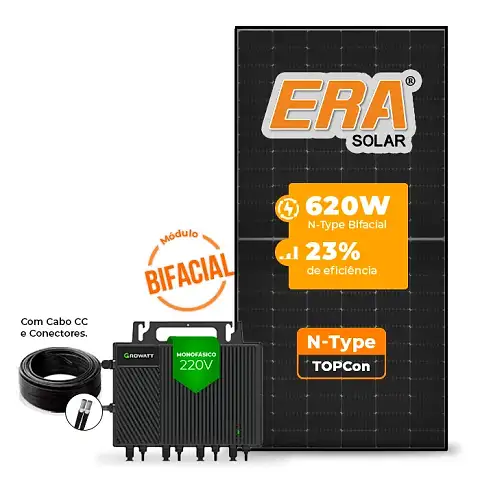 Gerador de Energia Solar Microinversor Growatt Telhado Fibro Parafuso Madeira SGF 7,44KWP ERA BLACK FRAME 620W NEO 2KW 4MPPT MONO 220V COM CABO