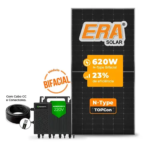 Gerador de Energia Solar Microinversor Growatt Telhado Fibro Parafuso Madeira SGF 4,96KWP ERA BIFACIAL 620W NEO 2KW 4MPPT MONO 220V COM CABO