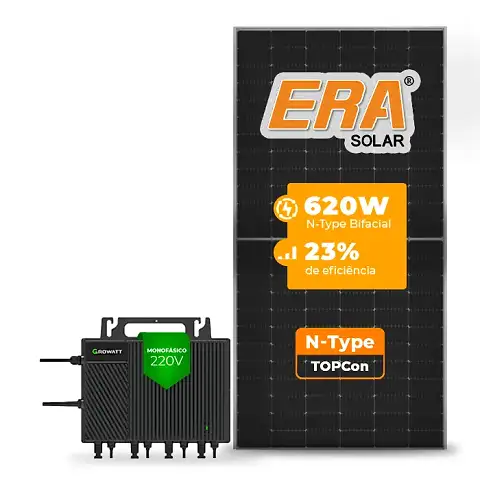 Gerador de Energia Solar Microinversor Growatt Telhado Fibro Parafuso Madeira SGF 7,44KWP ERA N-TYPE MONO 620W NEO 2KW 4MPPT MONO 220V