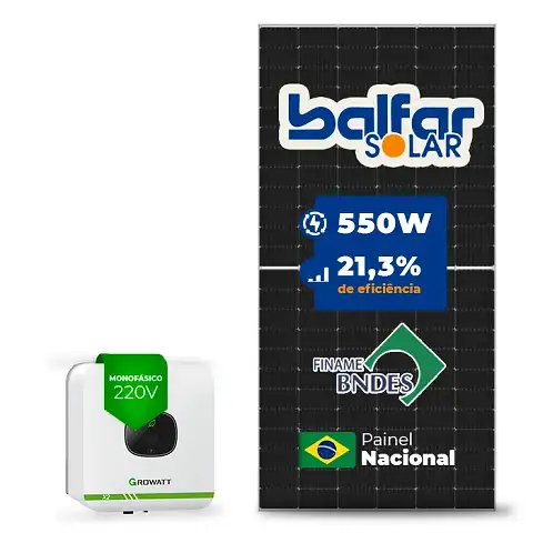 Gerador de Energia Solar On Grid Growatt Telhado Fibro Parafuso Madeira SGF 3,30KWP BALFAR FINAME 550W MIC X2 3KW 1MPPT MONO 220V
