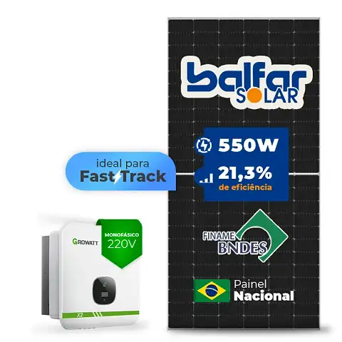 Gerador de Energia Solar On Grid Growatt Telhado Cerâmico Gancho SGF 6,60KWP BALFAR FINAME 550W MIN X2 7.5KW 2MPPT FAST TRACK MONO 220V