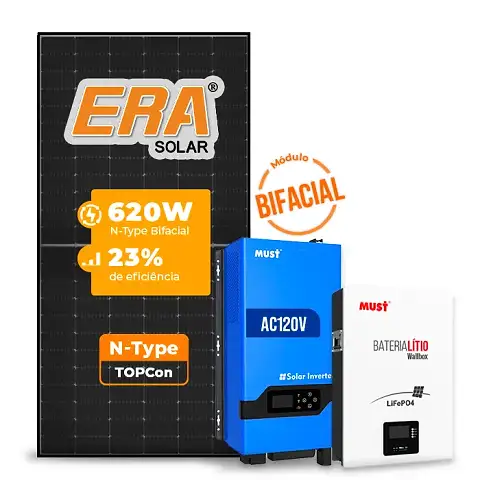 Gerador de Energia Solar Off Grid Interativo Must Telhado Metálico Mini Trilho SGF 4,96KWP ERA BLACK 620W PV29 LHP 5KW AC120V DC48V BAT. LITIO