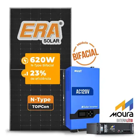 Gerador de Energia Solar Off Grid Interativo Must Telhado Metálico Mini Trilho SGF 7,44KWP ERA BIF 620W PV29 LHP 5KW AC120V DC48V BAT. LITIO 4.8KWH 100A