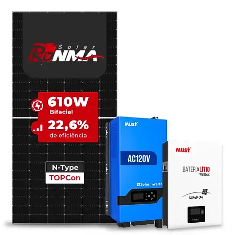 Gerador de Energia Solar Off Grid Interativo Must Sem Estrutura SGF 4,88KWP RONMA 610W PV29 LHP 5KW AC120V DC48V BAT. LITIO 5.12KWH 100A