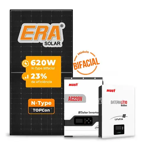 Gerador de Energia Solar Off Grid Interativo Must Telhado Metálico Mini Trilho SGF 7,44KWP ERA BLACK 620W PV29 HP 5KW AC220V DC48V BAT. LITIO
