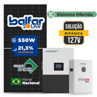 Gerador de Energia Solar Hibrido Luxpower Sem Estrutura SGF 6,6KWP FINAME 550W LXP-LB-BR 5KW AC 127 BIFASICO DC48V BAT. LITIO 5,12kWh
