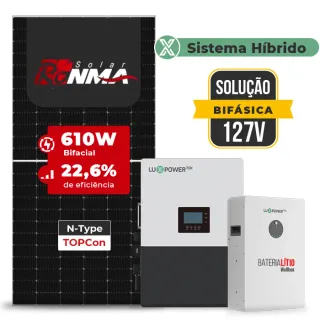 Gerador de Energia Solar Hibrido Luxpower Sem Estrutura SGF 7,32KWP RONMA 610W LXP-LB-BR 5KW AC 127 BIFASICO DC48V BAT. LITIO 5,12kWh