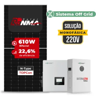 Gerador de Energia Solar Off Grid Interativo Luxpower Sem Estrutura SGF 14,64KWP RONMA 610W GEN-LB-EU 10KW AC 220 MONO DC48V BAT. LITIO 15,36kWh