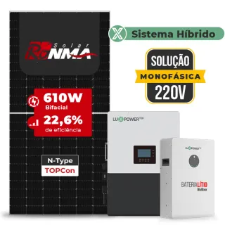 Gerador de Energia Solar Hibrido Luxpower Sem Estrutura SGF 7,32KWP RONMA 610W LXP-LB-BR 5KW AC 220V MONO DC48V BAT. LITIO 5,12kWh