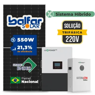 Gerador de Energia Solar Hibrido Luxpower Sem Estrutura SGF 17,6KWP FINAME 550W LXP-LB-BR 5KW AC TRIF. 220V DC48V BAT. LITIO 15,36kWh