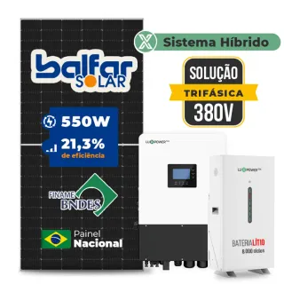 Gerador de Energia Solar Hibrido Luxpower com Bateria Sem Estrutura SGF 15,4KWP FINAME 550W HIBRIDO 15KW TRIF 380V DC48V BAT. LITIO 14,3kWh