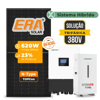 Gerador de Energia Solar Hibrido Luxpower sem Bateria Laje Inclinação SGF 17,36KWP ERA BLACK 620W HIBRIDO 15KW TRIF 380V DC48V SEM BATERIA