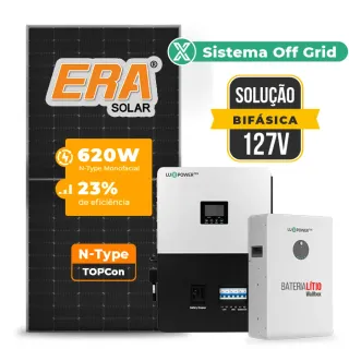 Gerador de Energia Solar Off Grid Interativo Luxpower Sem Estrutura SGF 7,44KWP ERA 620W SNA-BR 5KW AC 127 BIFASICO DC48V BAT. LITIO 5,12kWh