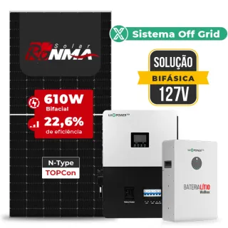 Gerador de Energia Solar Off Grid Interativo Luxpower Sem Estrutura SGF 7,32KWP RONMA 610W SNA-BR 5KW AC 127 BIFASICO DC48V BAT. LITIO 5,12kWh