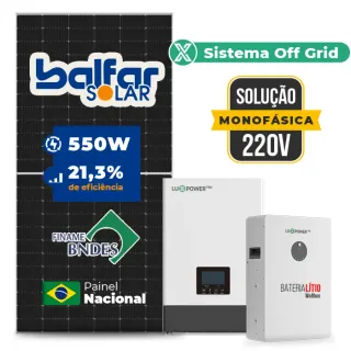 Gerador de Energia Solar Off Grid Interativo Luxpower Sem Estrutura SGF 6,6KWP FINAME 550W WPV 5KW AC 220 MONO DC48V BAT. LITIO 5,12kWh