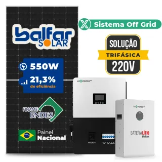 Gerador de Energia Solar Off Grid Interativo Luxpower Sem Estrutura SGF 17,6KWP FINAME 550W SNA-BR 5KW AC TRIF. 220V DC48V BAT. LITIO 15,36kWh