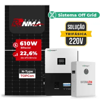 Gerador de Energia Solar Off Grid Interativo Luxpower Sem Estrutura SGF 19,52KWP RONMA 610W SNA-BR 5KW AC TRIF. 220V DC48V BAT. LITIO 15,36kWh