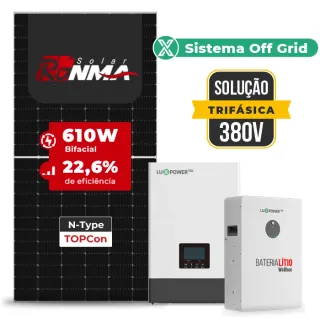 Gerador de Energia Solar Off Grid Interativo Luxpower Sem Estrutura SGF 26,84KWP RONMA 610W WPV 5KW AC TRIF. 380V DC48V BAT. LITIO 20,48kWh