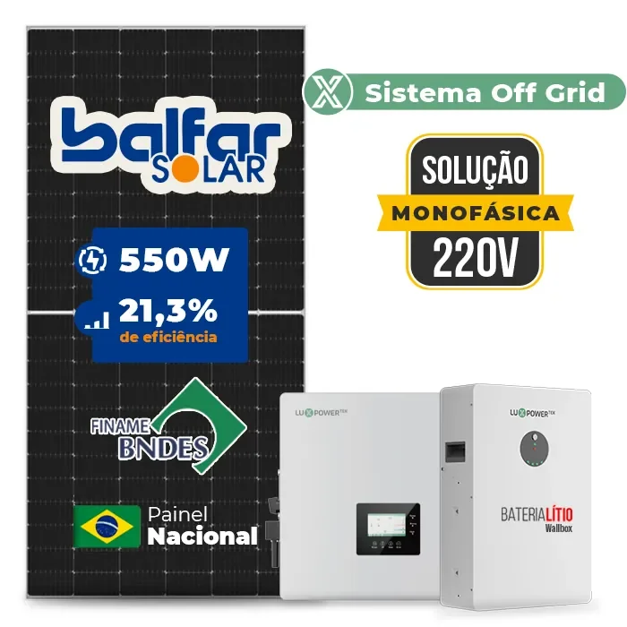 Gerador de Energia Solar Off Grid Interativo Luxpower Sem Estrutura SGF 16,5KWP FINAME 550W GEN-LB-EU 10KW AC 220 MONO DC48V BAT. LITIO 15,36kWh