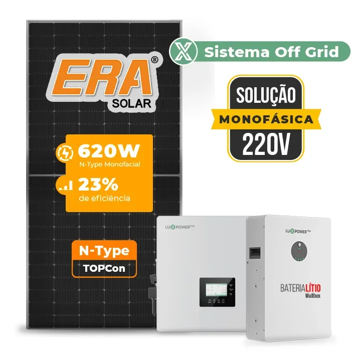Gerador de Energia Solar Off Grid Interativo Luxpower Sem Estrutura SGF 17,36KWP ERA 620W GEN-LB-EU 10KW AC 220 MONO DC48V BAT. LITIO 15,36kWh