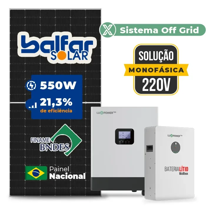 Gerador de Energia Solar Off Grid Interativo Luxpower Sem Estrutura SGF 8,8KWP FINAME 550W GEN-LB-EU 5KW AC 220 MONO DC48V BAT. LITIO 5,12kWh