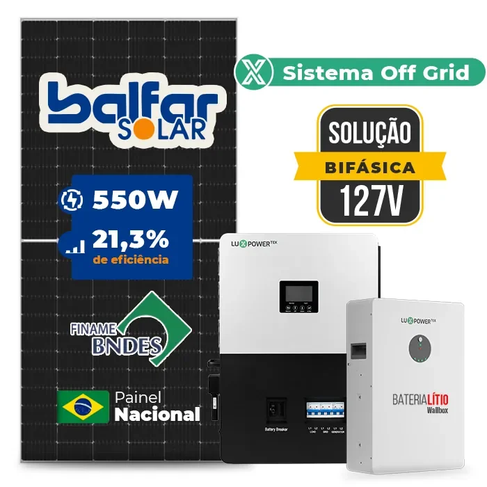 Gerador de Energia Solar Off Grid Interativo Luxpower Telhado Cerâmico Gancho SGF 6,6KWP FINAME 550W SNA-BR 5KW AC 127 BIFASICO DC48V BAT. LITIO 5,12kWh