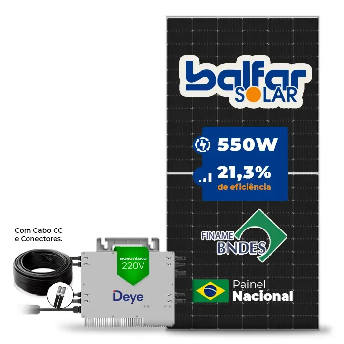 Gerador de Energia Solar Microinversor DEYE Telhado Metálico Mini Trilho SGF 13,2KWP BALFAR FINAME 550W SUN 2.25KW 4MPPT MONO 220V COM CABO