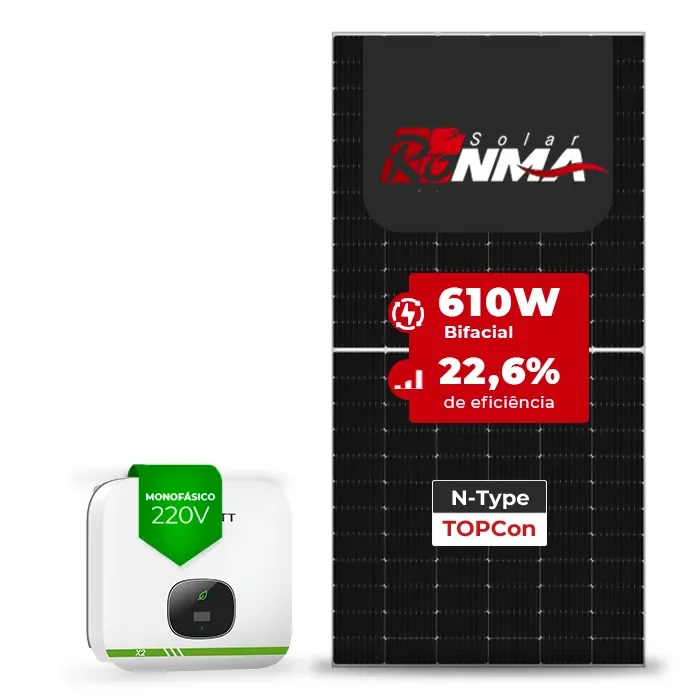 Gerador de Energia Solar On Grid Growatt Sem Estrutura SGF 6,10KWP RONMA 610W BIFACIAL MIN X2 5KW 2MPPT MONO 220V