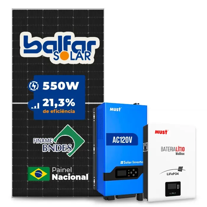 Gerador de Energia Solar Off Grid Interativo Must Sem Estrutura SGF 6,6KWP FINAME 550W PV29 LHP 5KW AC120V DC48V BAT. LITIO 5.12KWH 100A